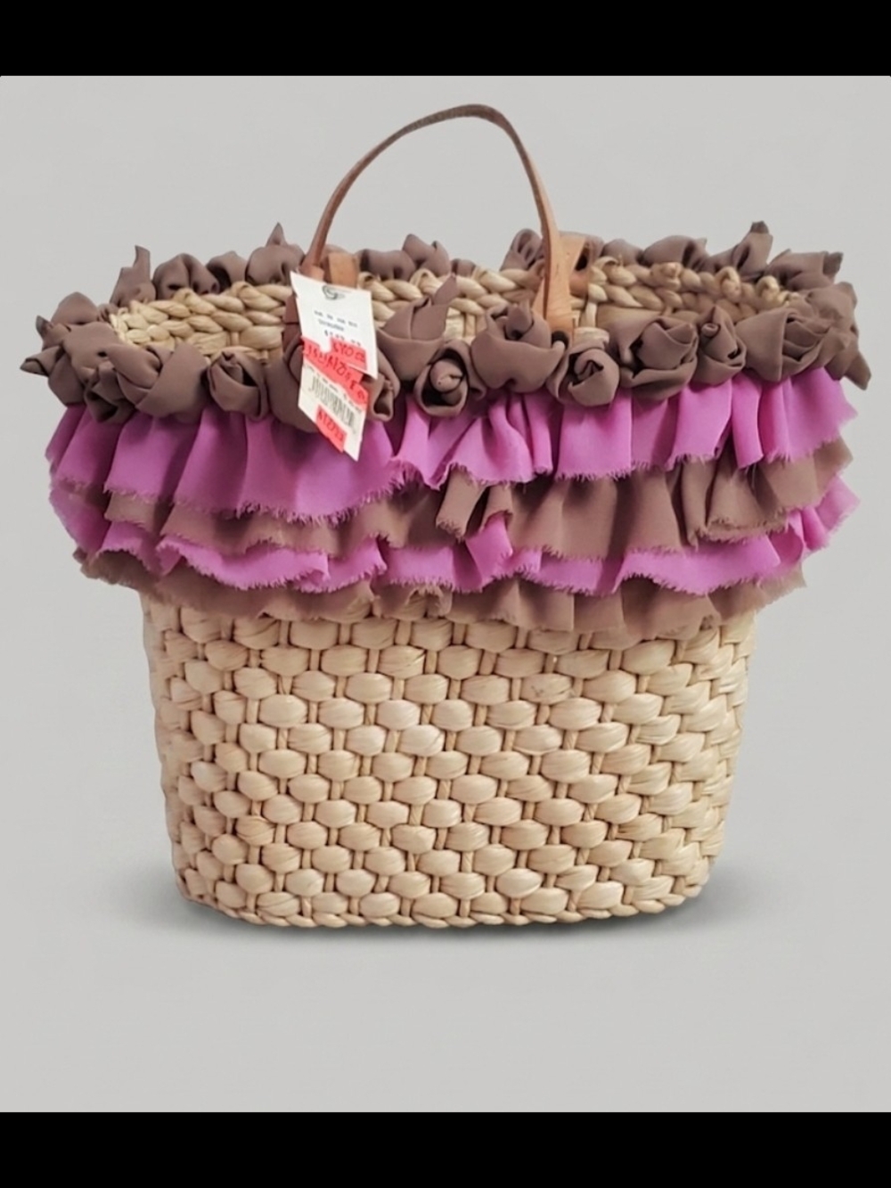 Ruffled Straw Tote in Pink and Brown